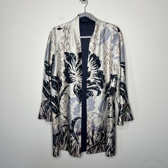 Chicos Jacket Womens Large Open Front Brocade Floral Bell Sleeve Textured Boho - Picture 1 of 10